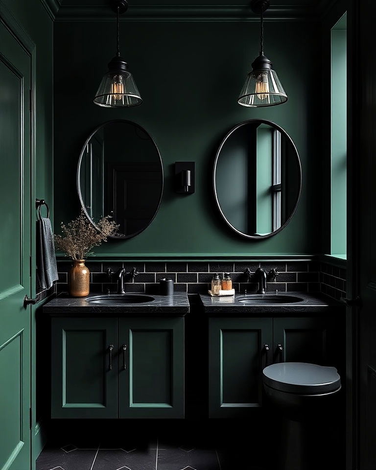 dark green and black for a modern gothic look - 25 Dark Green Bathroom Ideas