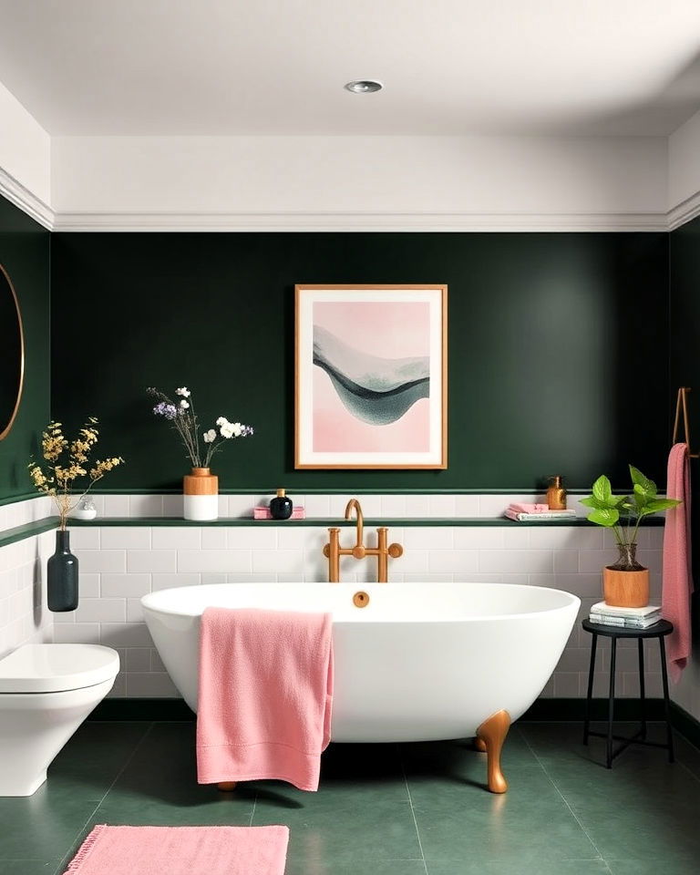 dark green and pink for a bold contrast bathroom - 25 Dark Green Bathroom Ideas