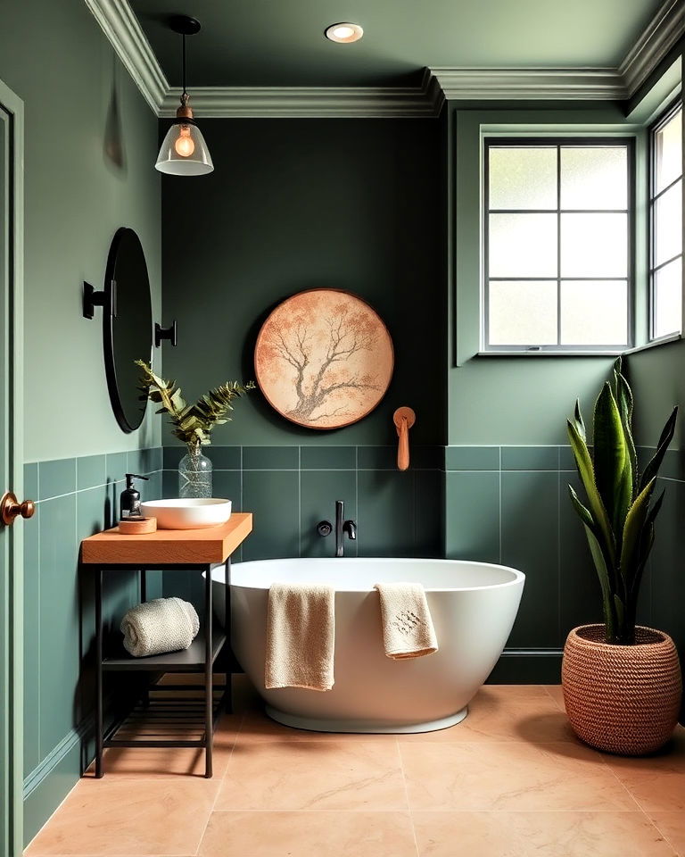 dark green and tan for an earthy vibe to bathroom - 25 Dark Green Bathroom Ideas