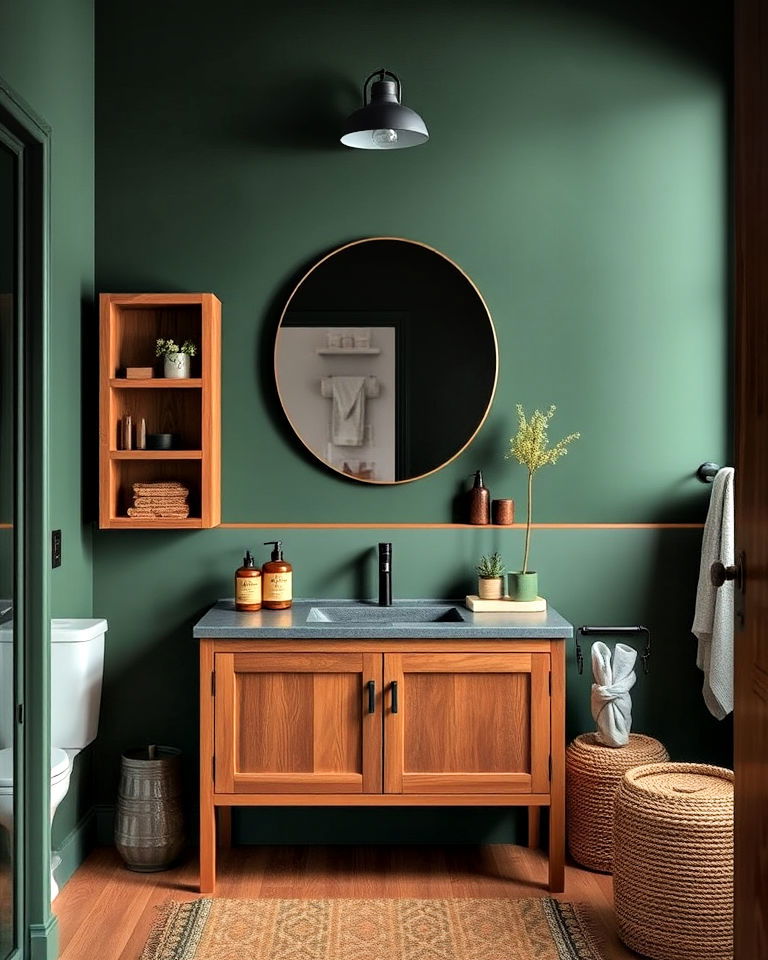 dark green and wood accents for a natural feel - 25 Dark Green Bathroom Ideas