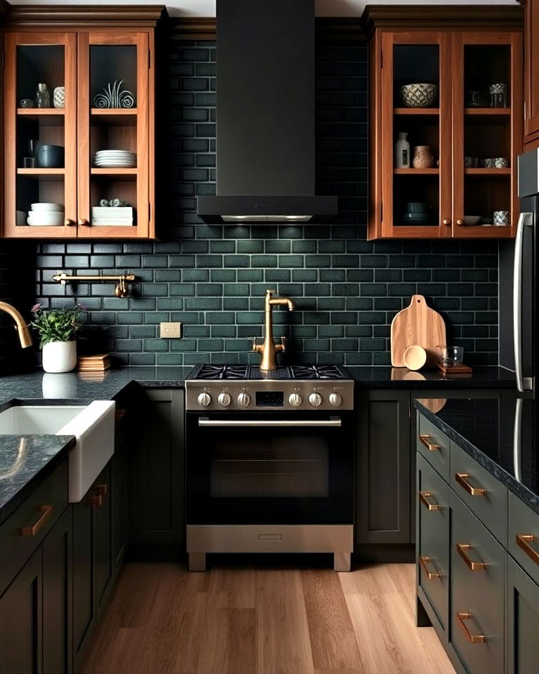 dark green black tiles for moody elegance - 20 Kitchens With Dark Backsplashes