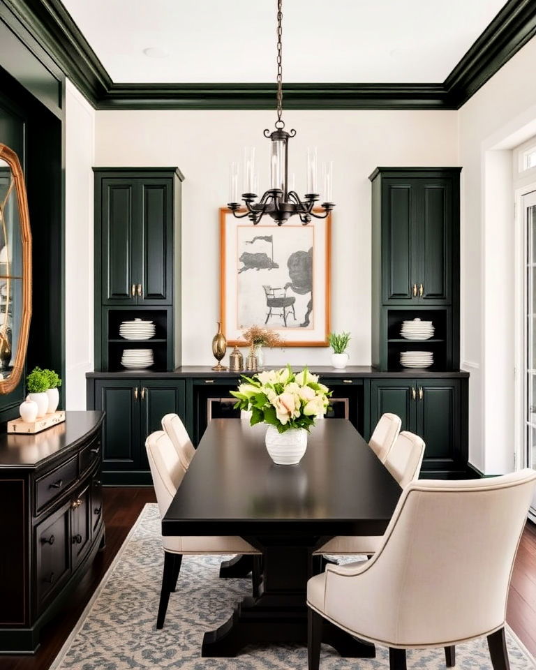 dark green built in cabinets for dining room - 20 Dark Green Dining Room Ideas