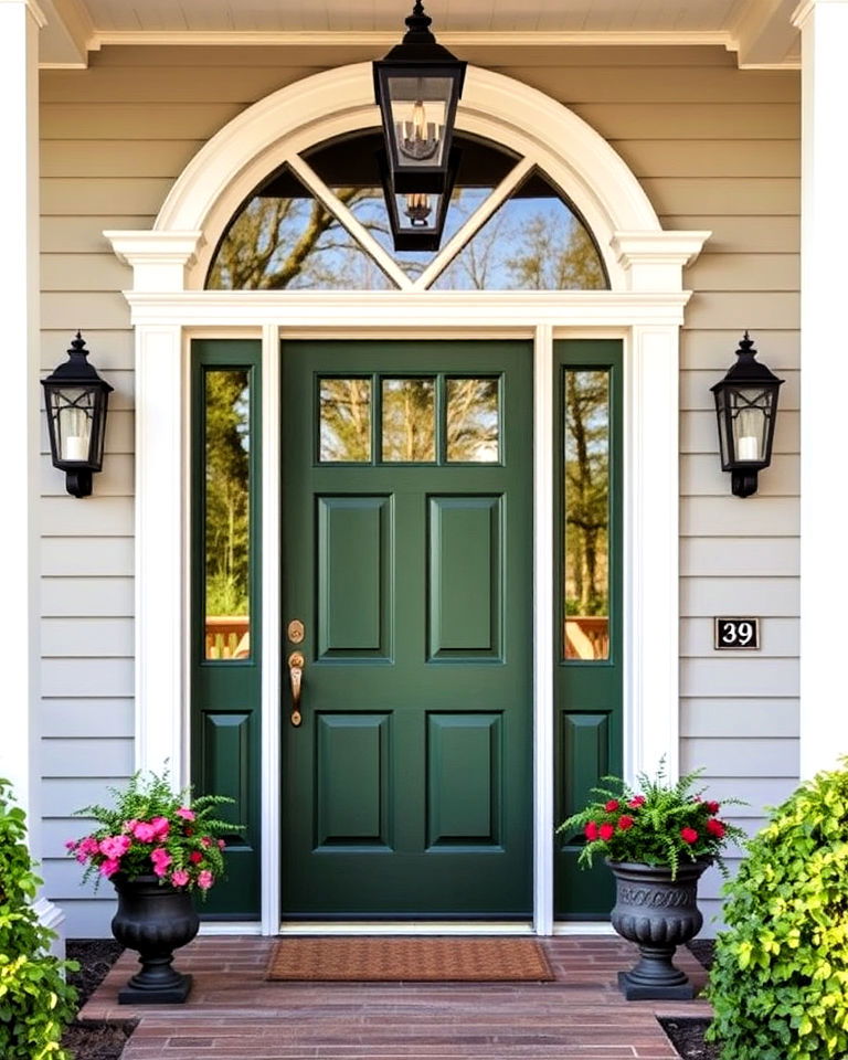 dark green front door with white trim - 15 Dark Green Front Door Ideas