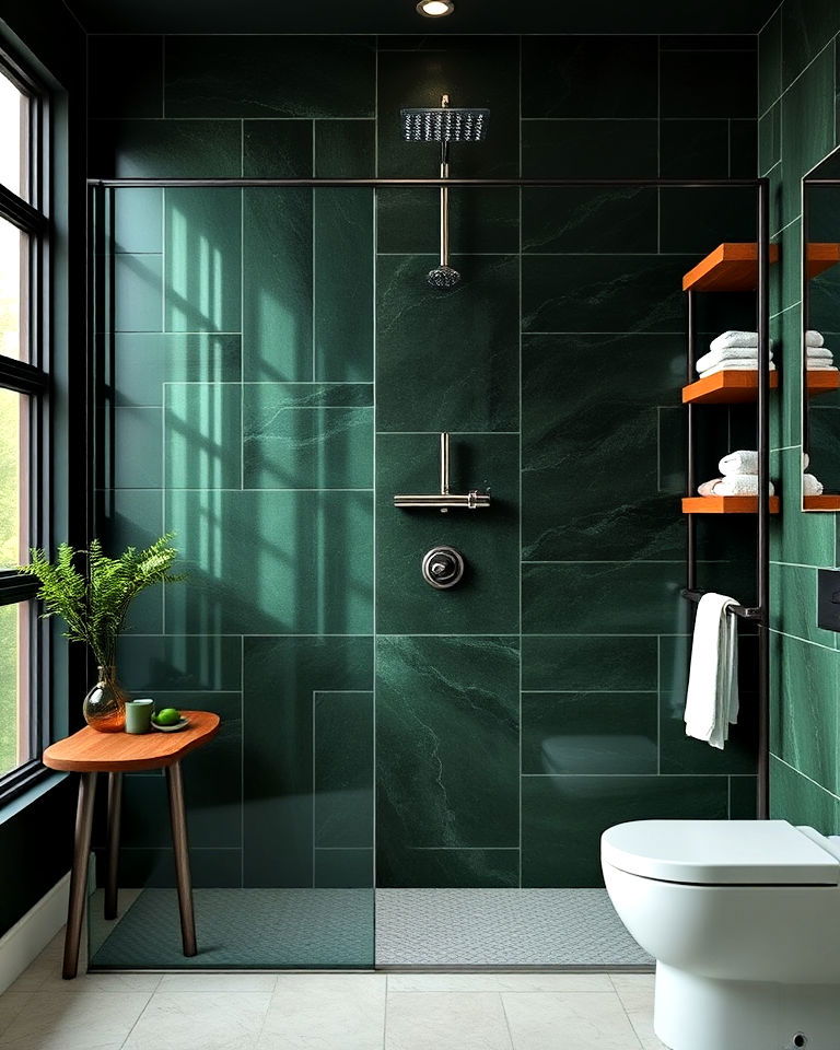 dark green shower walls for a nature inspired retreat - 25 Dark Green Bathroom Ideas