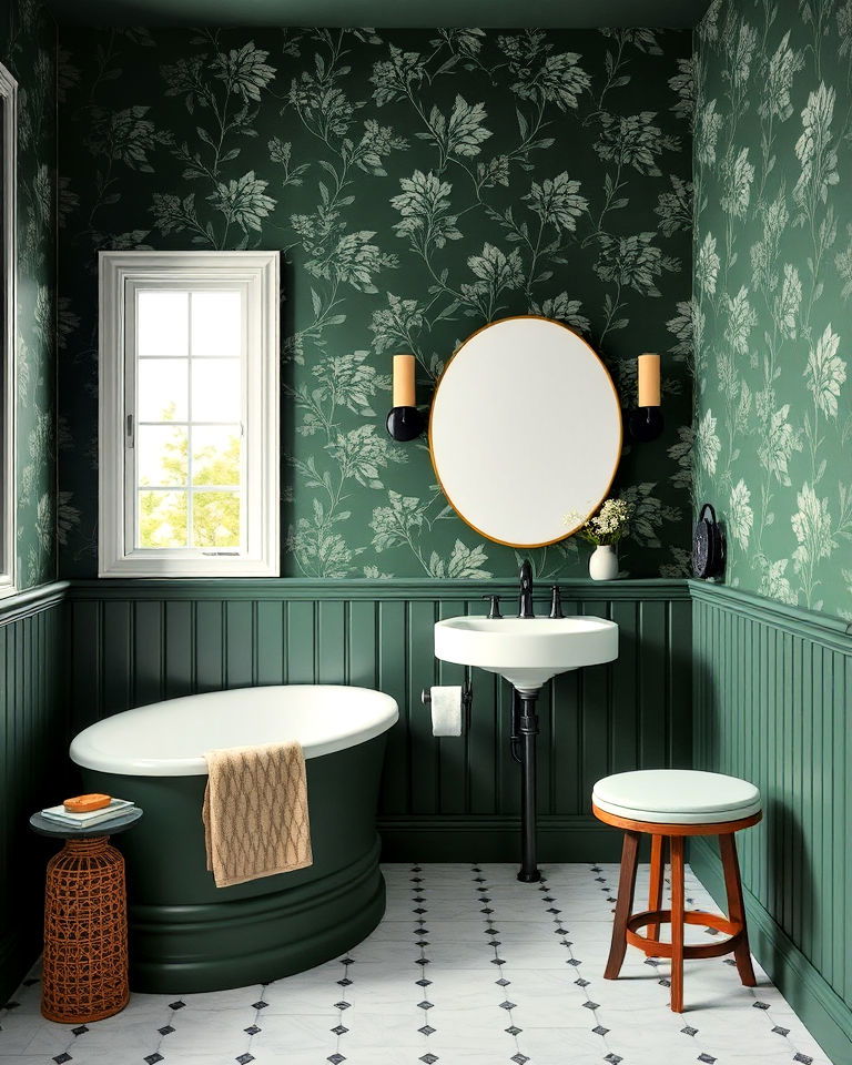 dark green wallpaper for a subtle statement - 25 Dark Green Bathroom Ideas