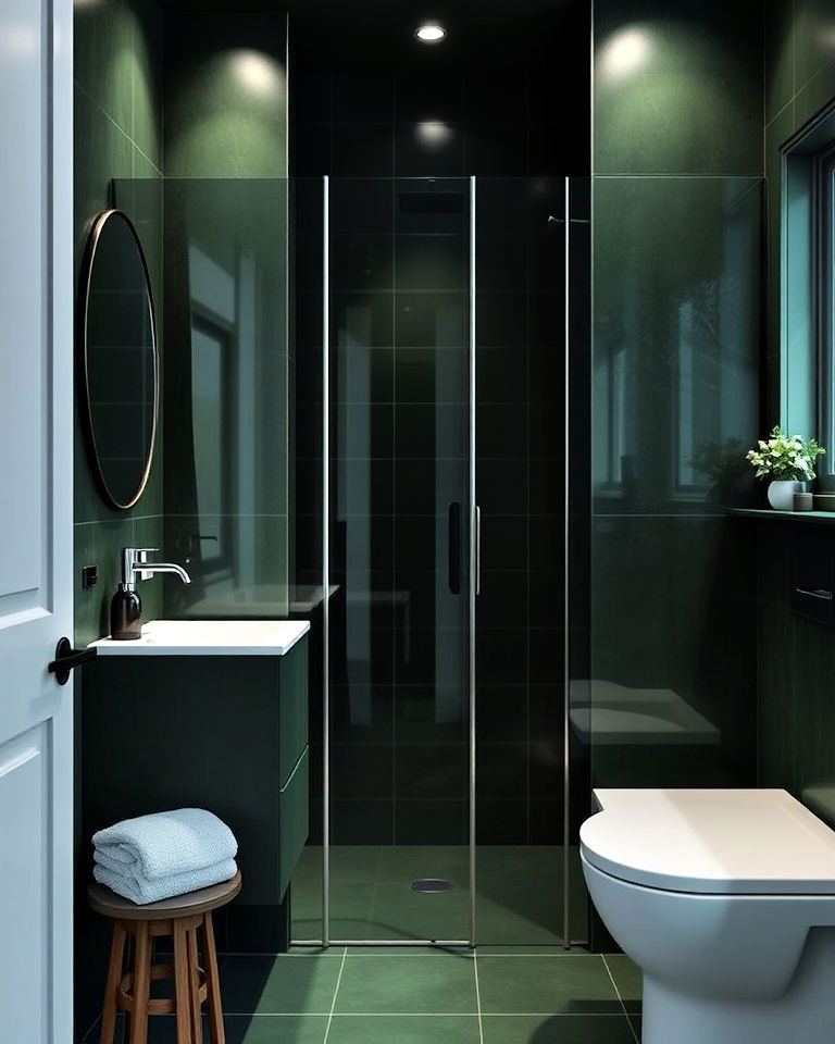 dark green with glass elements for a sleek open look - 25 Dark Green Bathroom Ideas