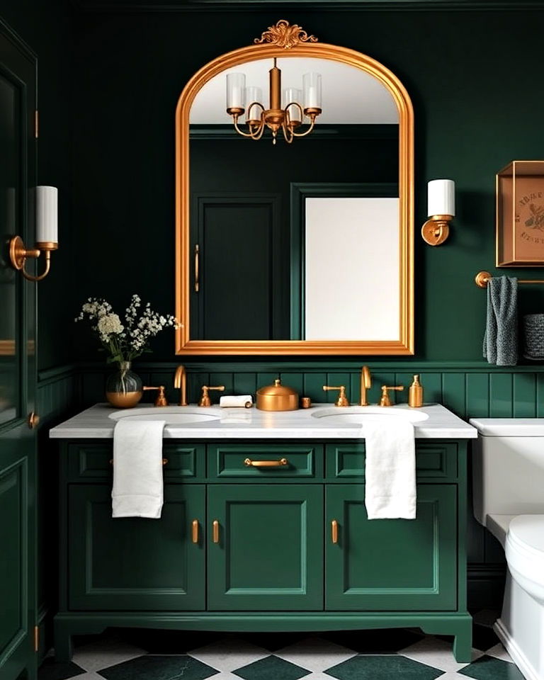 dark green with gold fixtures for elegance - 25 Dark Green Bathroom Ideas