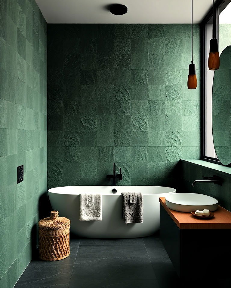 dark green with textured walls for a luxe look - 25 Dark Green Bathroom Ideas