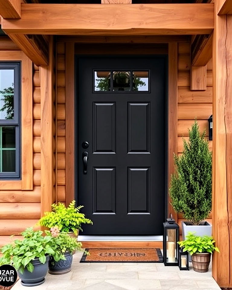dark grey door with wood surroundings - 20 Grey Front Door Ideas