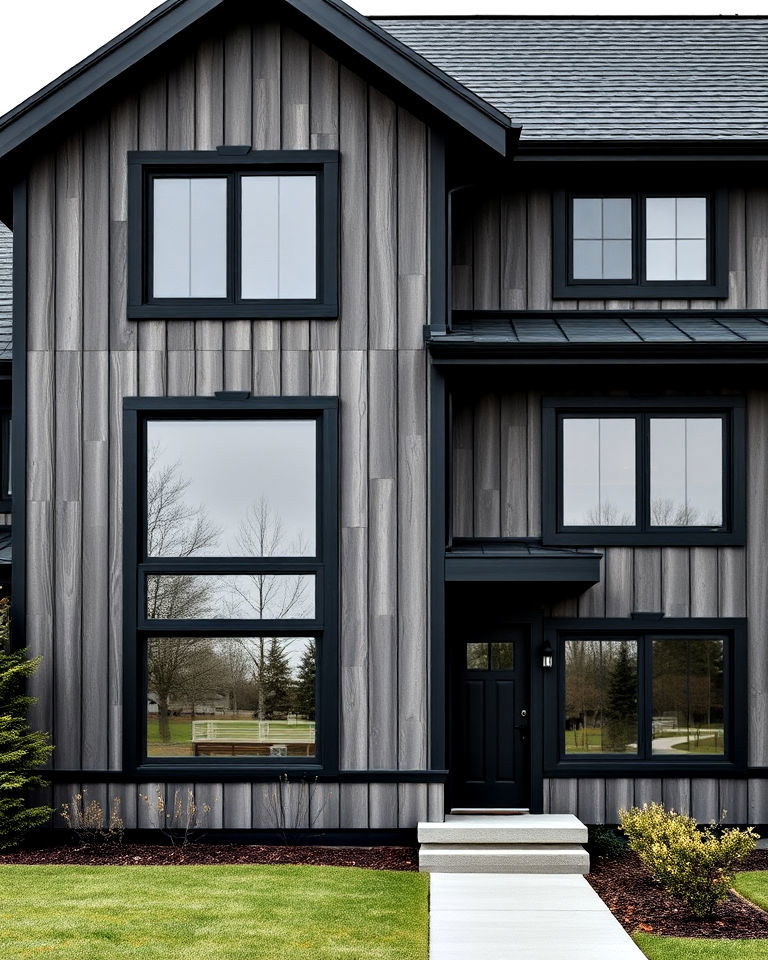 dark grey wood paneling house with black rooflines - 25 Grey House With Black Trim