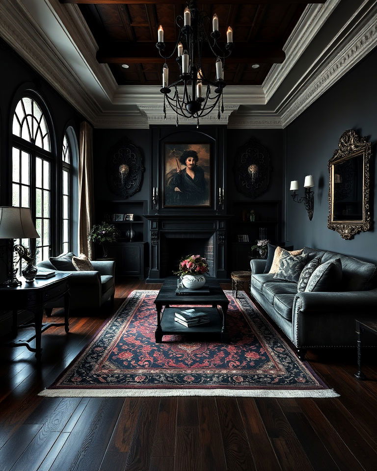 dark hardwood flooring whimsigoth living room - 20 Whimsigoth Living Room Ideas