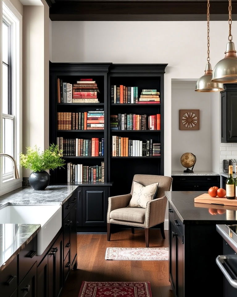 dark library corner near the kitchen - 25 Dark Academia Kitchen Ideas
