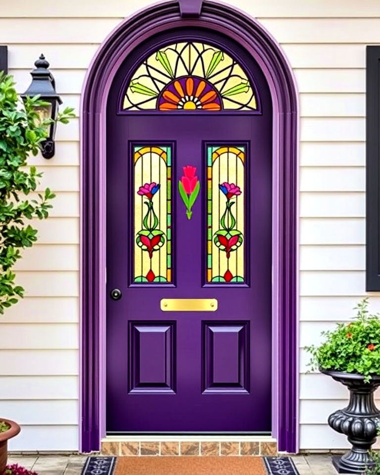 dark purple door with stained glass panels - 15 Dark Purple Front Door Ideas