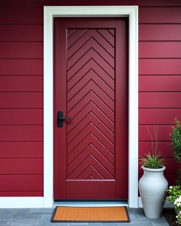 dark red chevron pattern door - 20 Dark Red Front Door Ideas