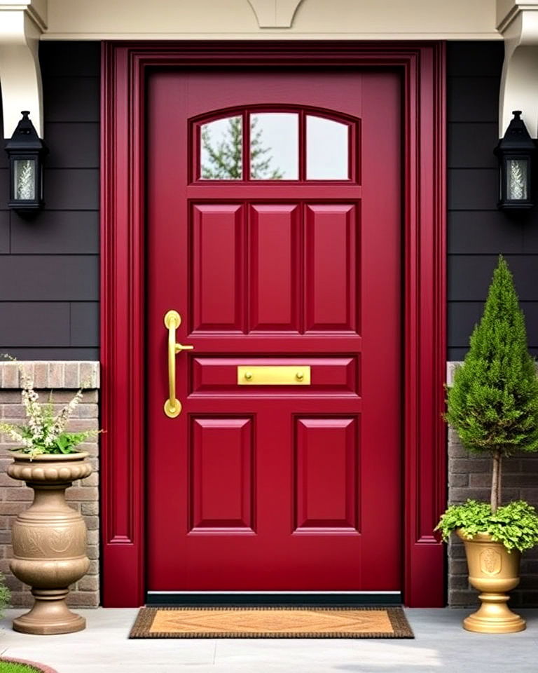 dark red door accented with brass hardware - 20 Dark Red Front Door Ideas
