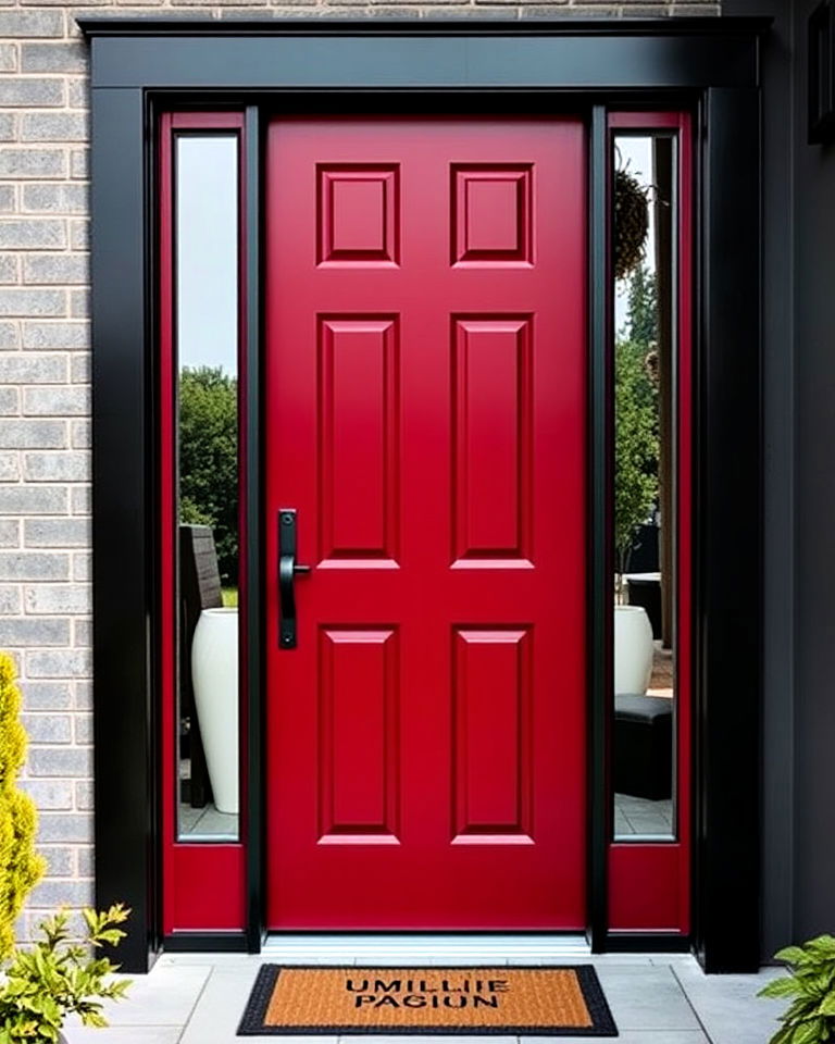 dark red door framed with black trim - 20 Dark Red Front Door Ideas