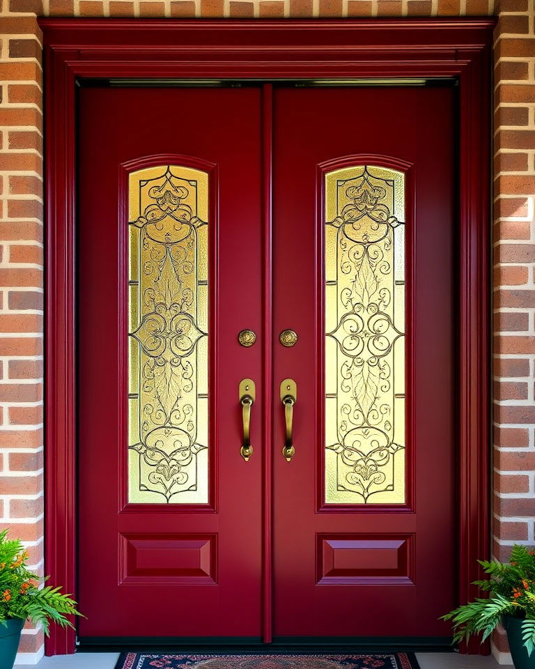 dark red door with intricate glass designs - 20 Dark Red Front Door Ideas
