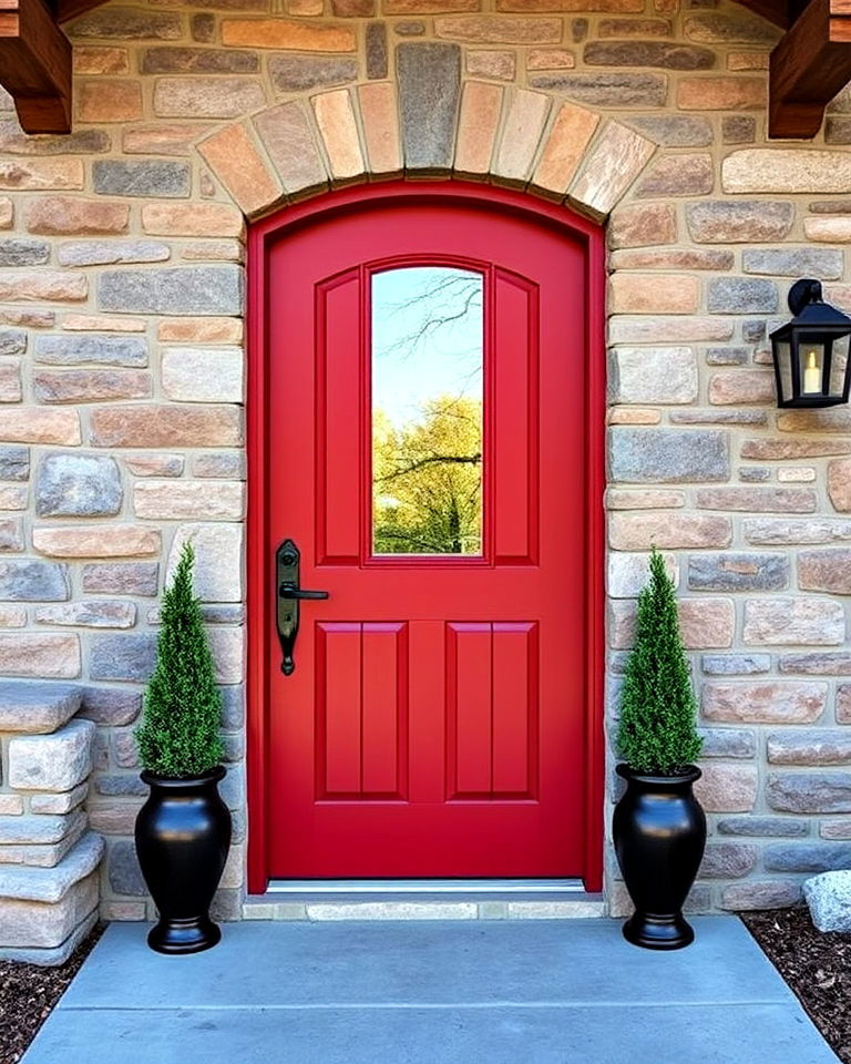 dark red with stone accents - 20 Dark Red Front Door Ideas