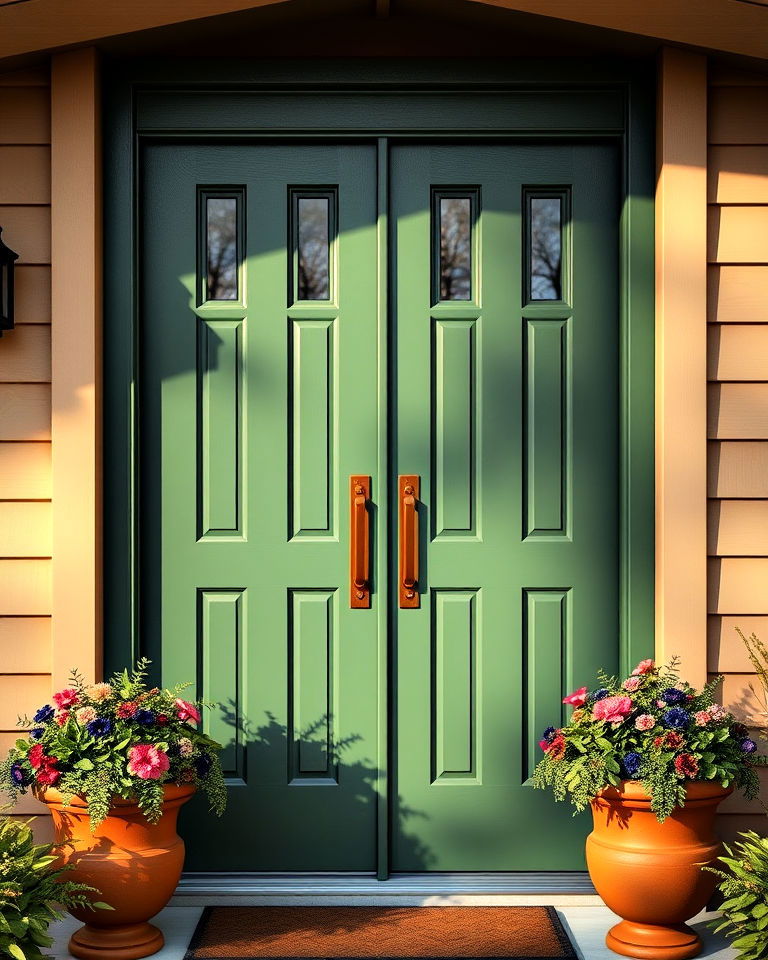 dark sage green door with warm accents - 15 Dark Green Front Door Ideas
