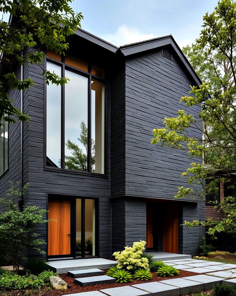 dark stone cladding japandi house - 15 Japandi House Exterior Ideas
