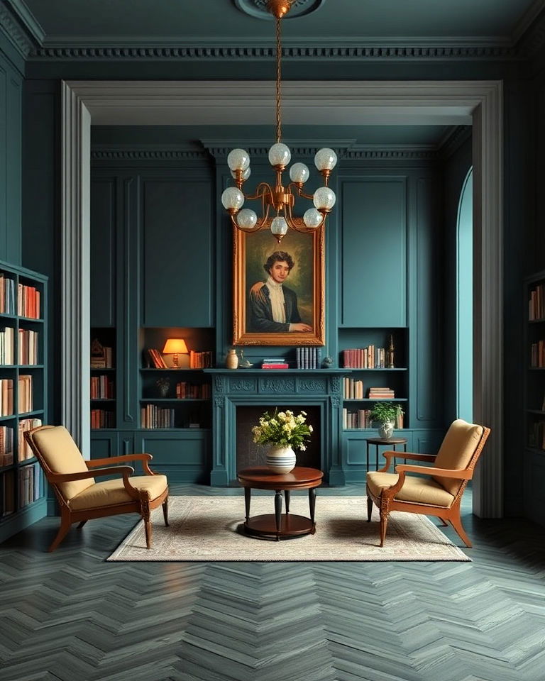 dark teal dark wall library - 15 Dark Academia Wall Colors