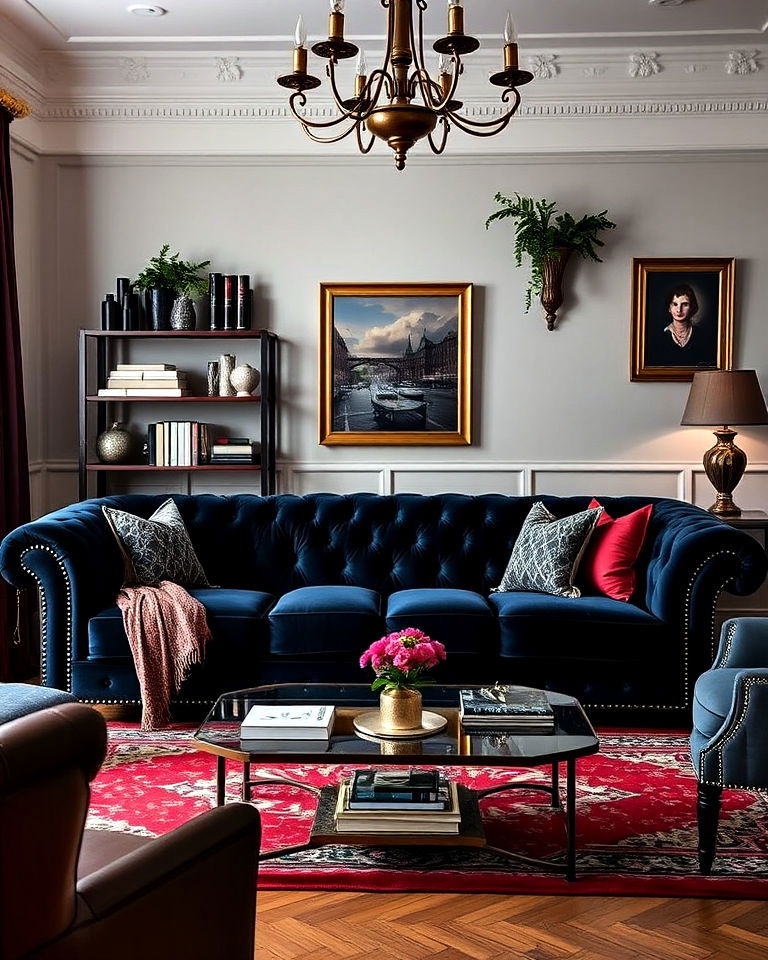 dark velvet sofas with intricate details - 20 Whimsigoth Living Room Ideas