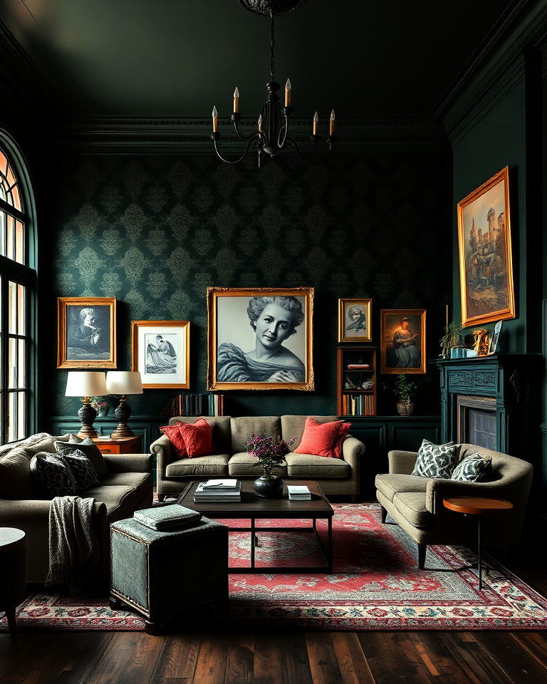 dark wall wallpaper living room - 25 Dark Academia Living Room Ideas