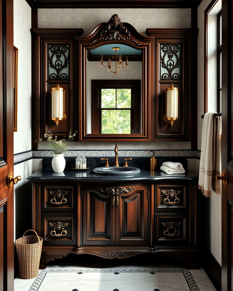 dark wood accents academia bathroom - 25 Dark Academia Bathroom Ideas