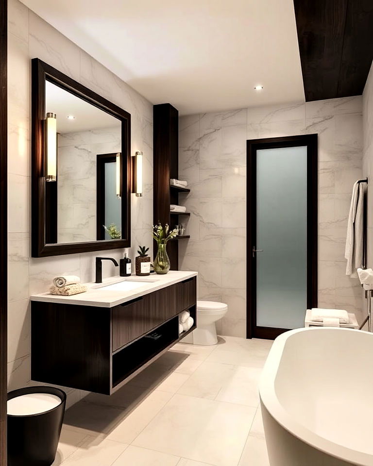 dark wood accents in the bathroom for a spa like vibe - 15 Dark Wood Interior Design Ideas