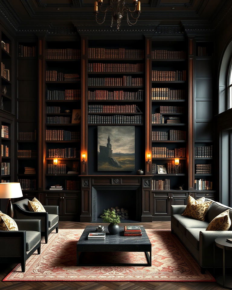 dark wood bookcases academia living room - 25 Dark Academia Living Room Ideas