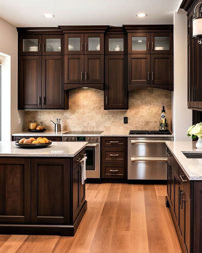 dark wood cabinets in the kitchen for contrast and elegance - 15 Dark Wood Interior Design Ideas