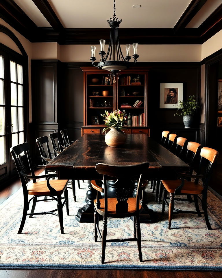 dark wood dining table - 15 Dark Academia Dining Room Ideas