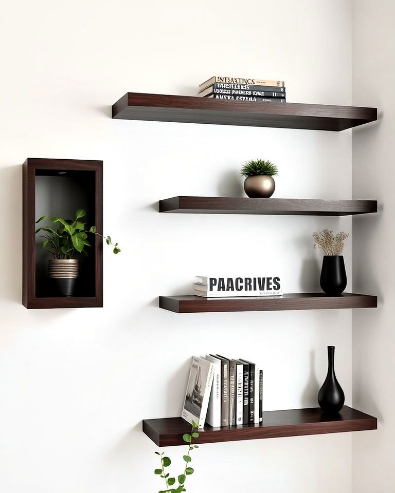 dark wood floating shelves for a modern sleek look - 15 Dark Wood Interior Design Ideas