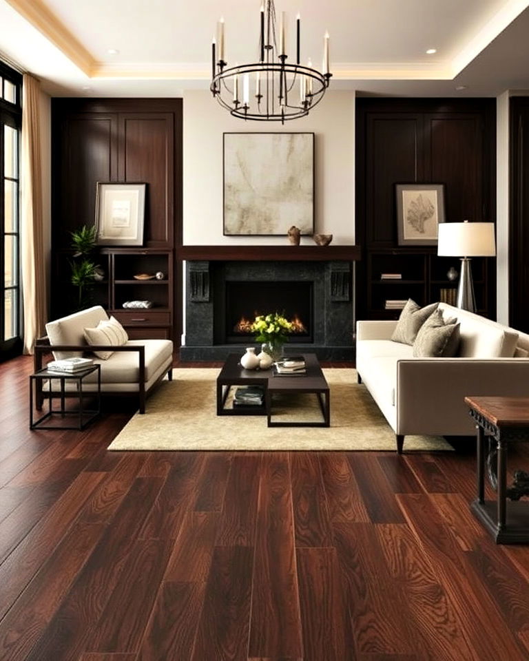 dark wood flooring for a grounded elegant look - 15 Dark Wood Interior Design Ideas
