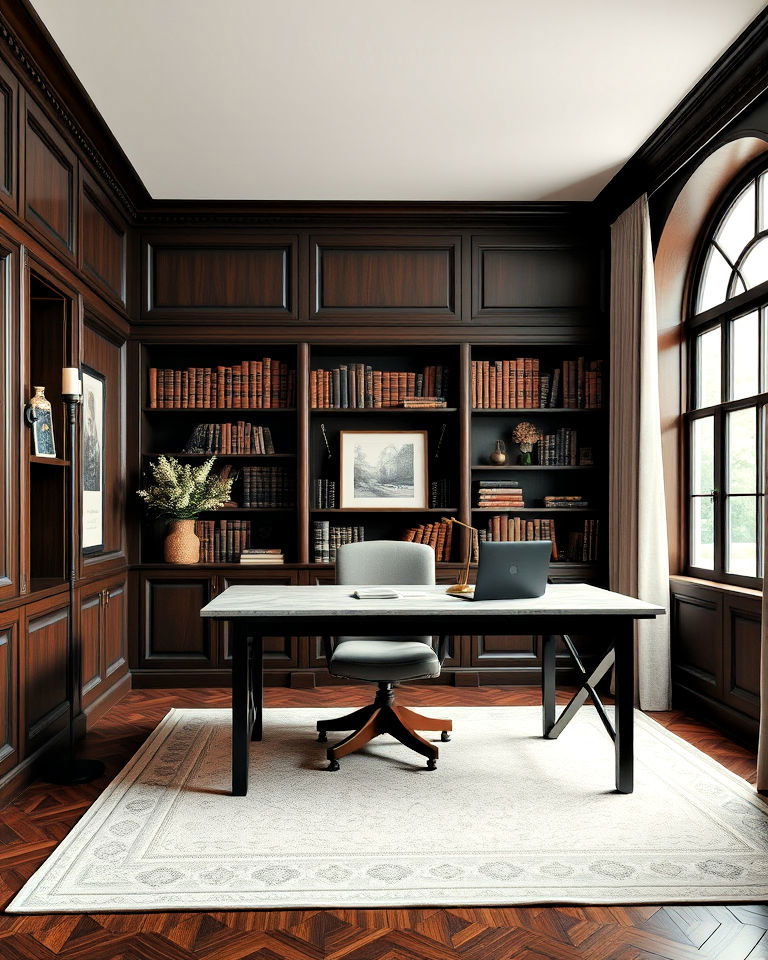 dark wood paneling for depth - 20 Dark Academia Home Office Ideas