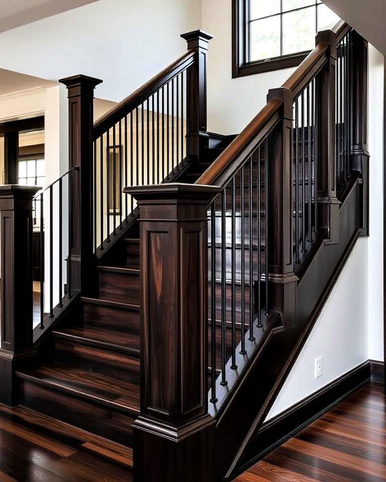 dark wood staircase railing for dramatic impact - 15 Dark Wood Interior Design Ideas