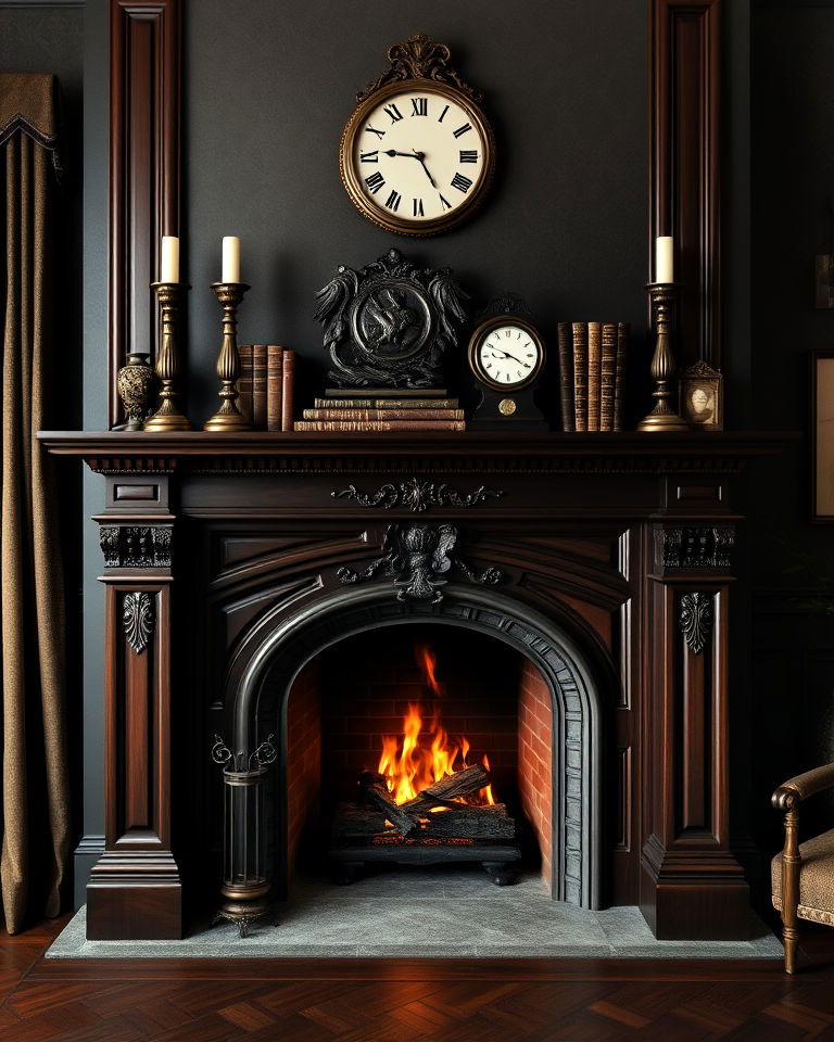 dark wooden mantel with carvings - 15 Dark Academia Fireplace Ideas