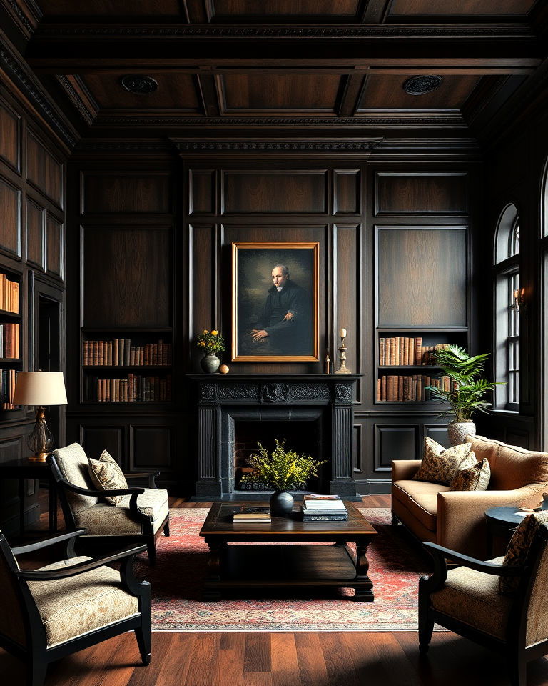 dark wooden paneling living room - 25 Dark Academia Living Room Ideas