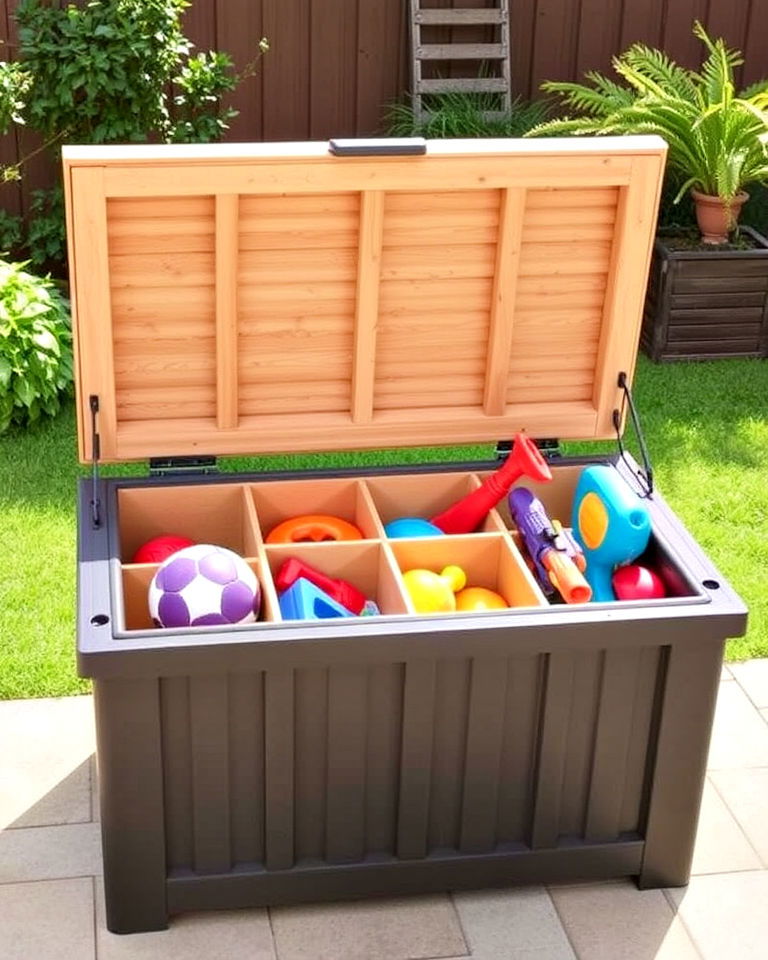 deck boxes with built in dividers - 25 Outdoor Toy Storage Ideas