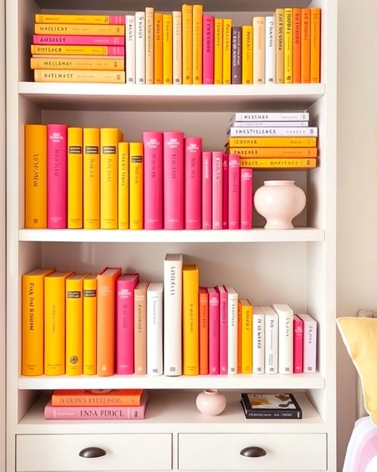 decorate shelves with color coordinated books - 25 How to Decorate With Yellow and Pink-captions