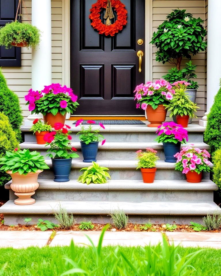 decorate steps with potted plants - 20 Front Yard Landscaping With Potted Plants