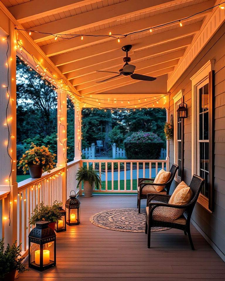decorate with string lights - 40 Veranda Ideas
