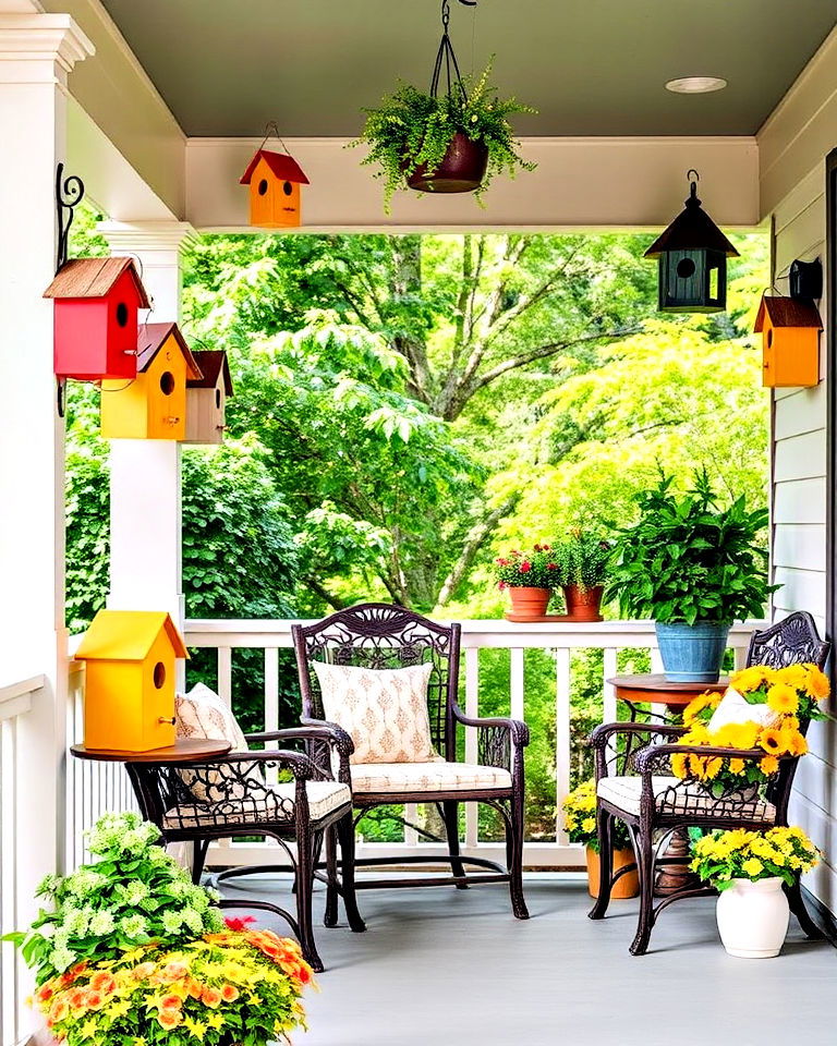 decorative birdhouses painted in vibrant summer colors - 25 Summer Front Porch Decor Ideas