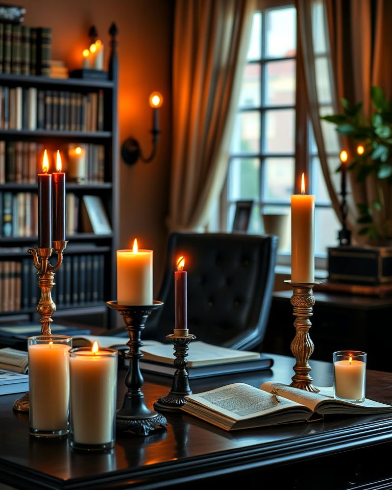 decorative candles for atmosphere - 20 Dark Academia Home Office Ideas