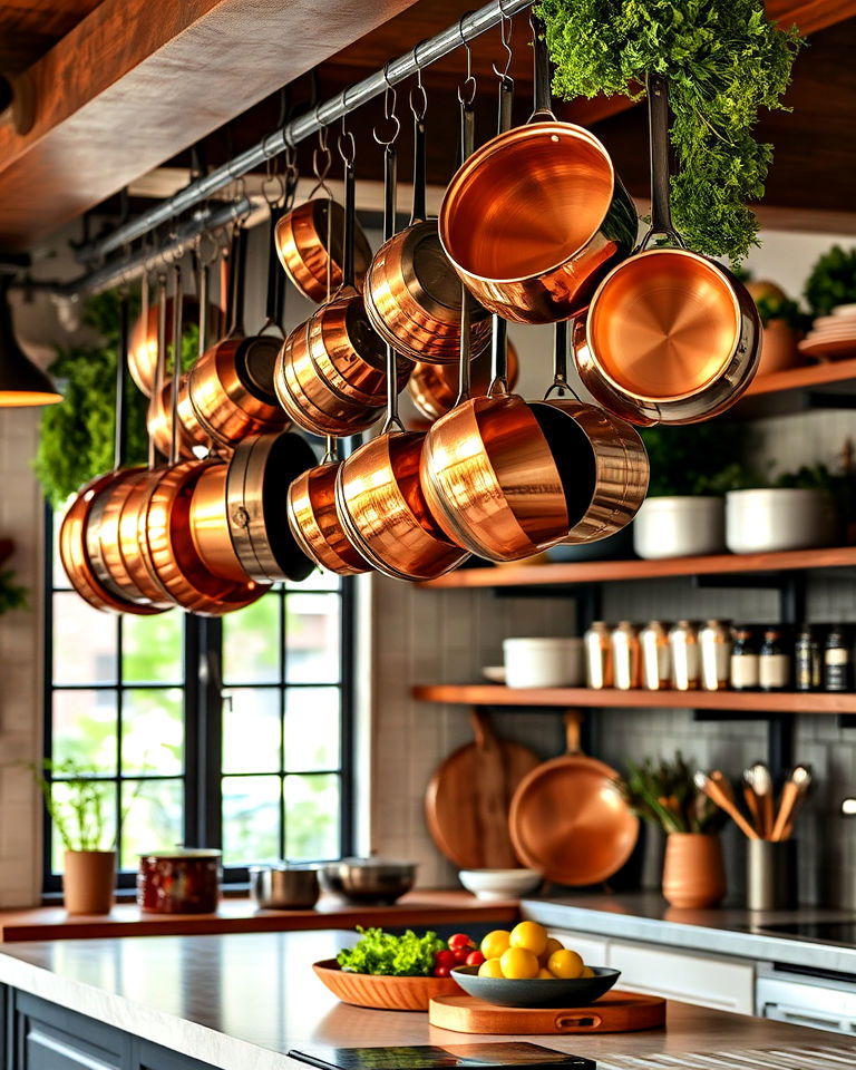 decorative hanging copper pots and pans - 25 Italian Restaurant Decor Ideas