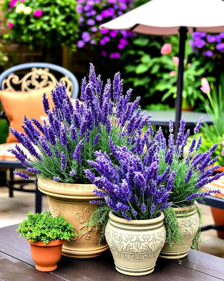 decorative lavender pots to enhance patio - 25 Lavender Landscaping Ideas