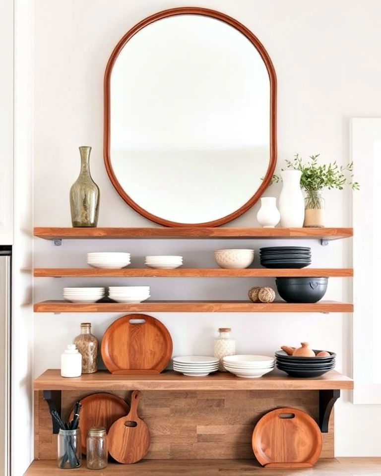 decorative mirror above shelving - 15 Mirror in Kitchen Ideas