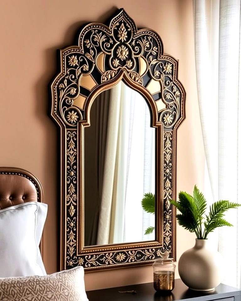 decorative mirrors framed in intricate moroccan designs - 15 Bohemian Moroccan Bedroom Ideas