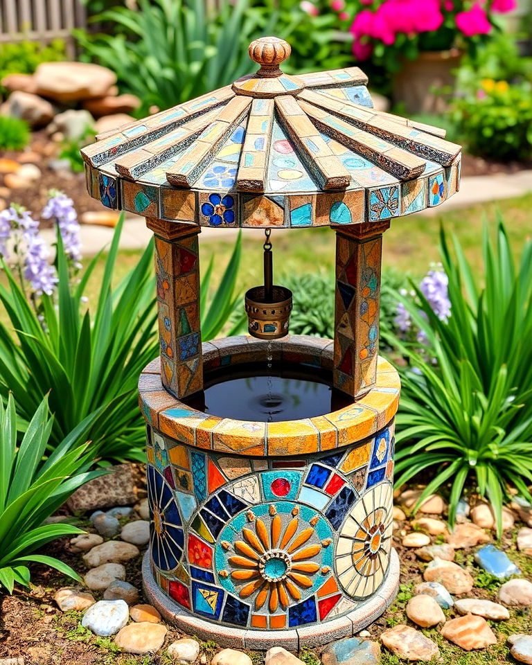 decorative mosaic wishing well - 15 Outdoor Wishing Well Garden Ideas