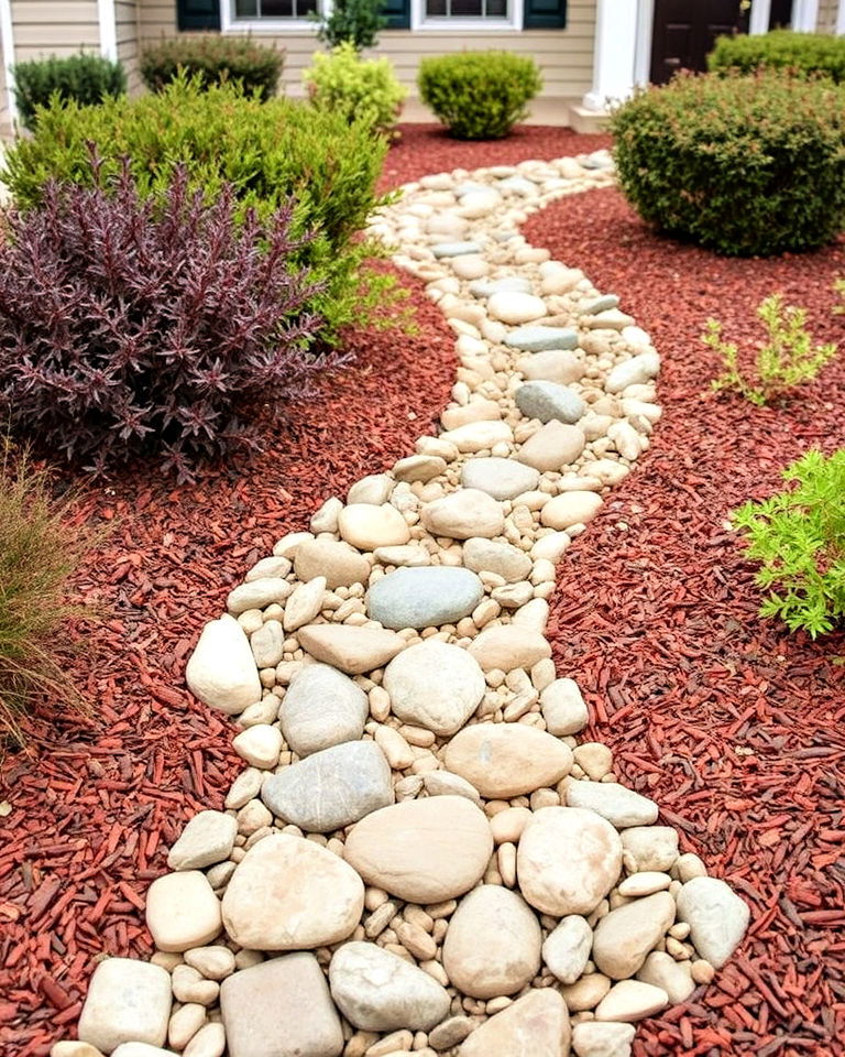 decorative mulch enhancements in dry creek bed - 25 Front Yard Dry Creek Bed Landscaping Ideas